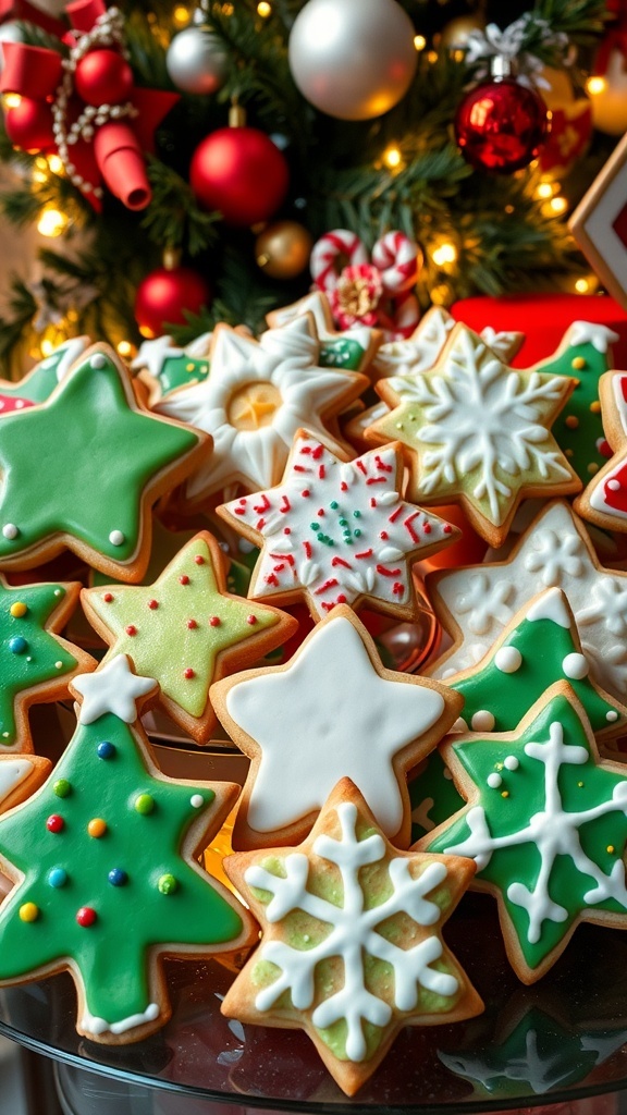 Christmas Sugar Cookie Recipe Decorated Christmas sugar cookies in festive shapes with colorful icing and sprinkles.